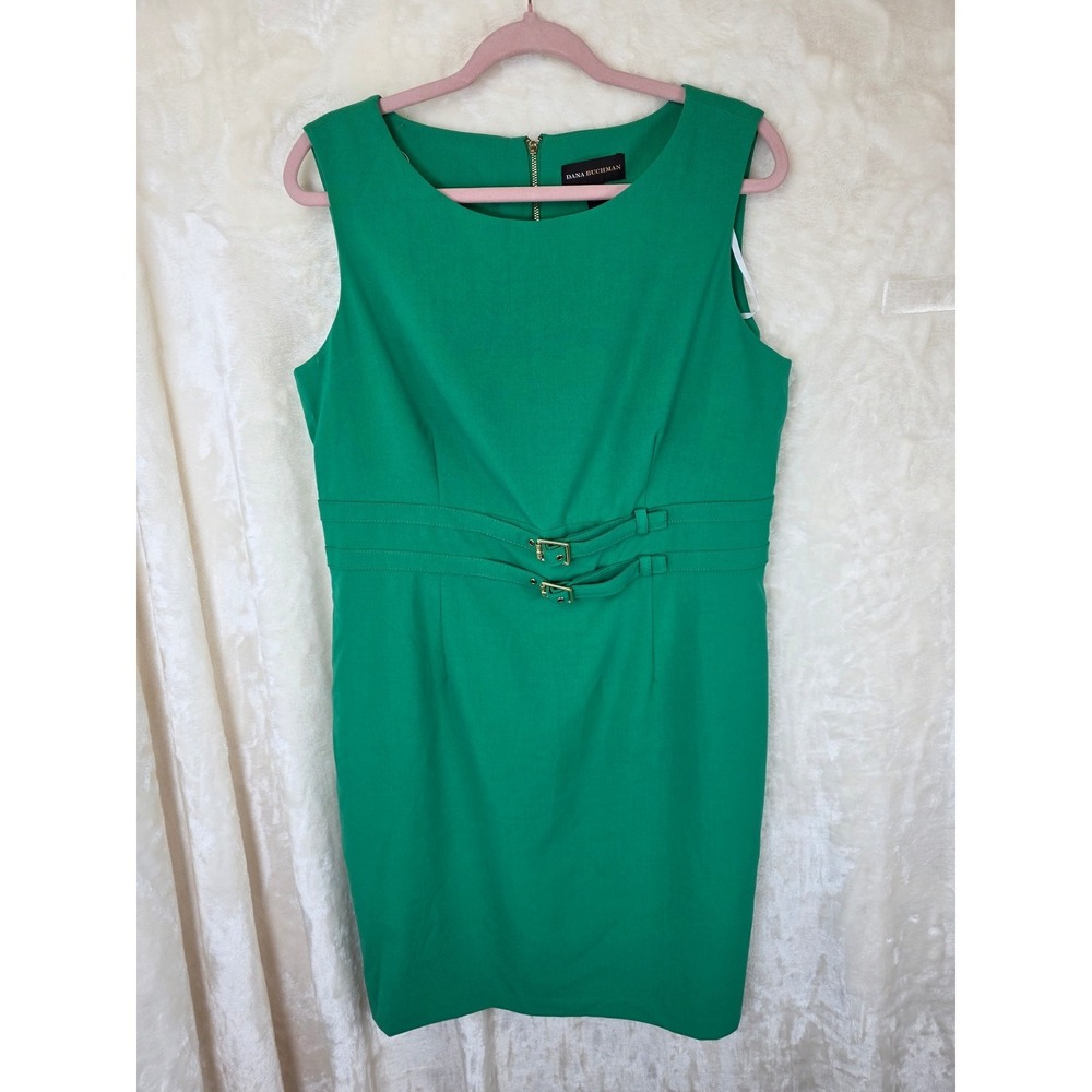 Dana‎ Buchman Green Sleeveless Sheath Dress Gold Buckle Waist Size 14